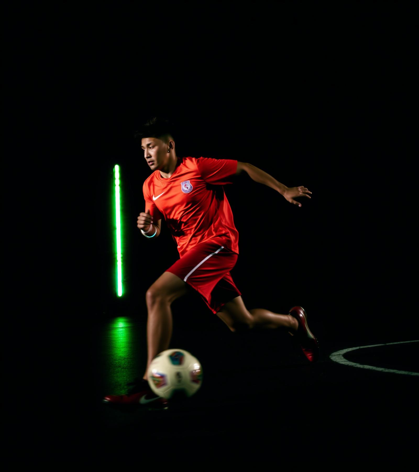 Jogador de futebol amador em ação sob luz neon verde